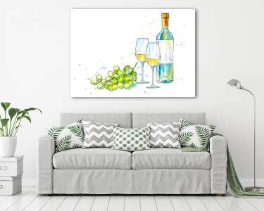 Fehérbor, pohárral és szőlővel (vászonkép) - vászonkép, falikép otthonra és irodába
