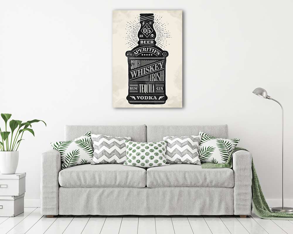 Poster bottle of alcohol with hand drawn lettering. Monochrome v (keretezett kép) - vászonkép, falikép otthonra és irodába