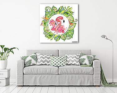 Pink flamingo watercolor hand drawn illustration in arrangement  (vászonkép) - vászonkép, falikép otthonra és irodába