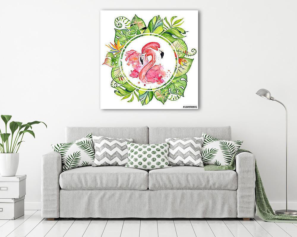 Pink flamingo watercolor hand drawn illustration in arrangement  - vászonkép, falikép vásárlás Pink flamingo watercolor hand drawn illustration in arrangement  (vászonkép) - vászonkép, falikép otthonra és irodába