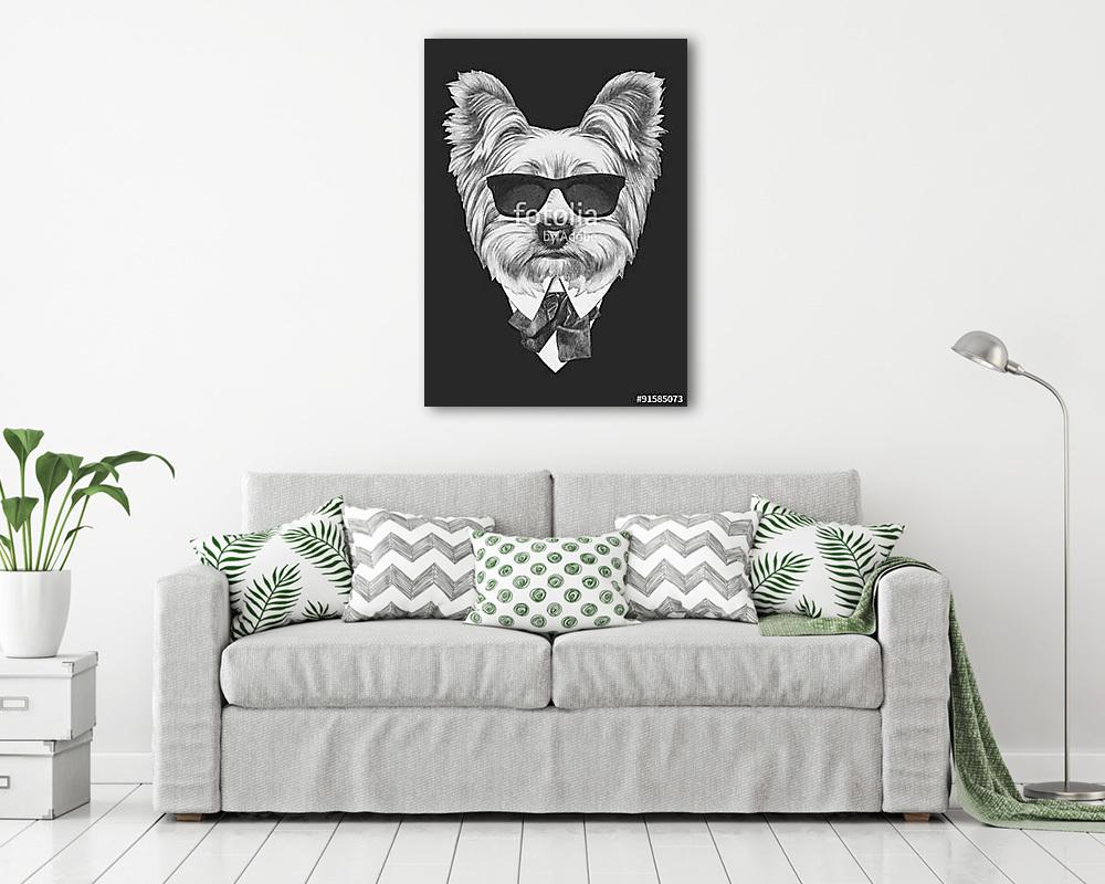 Portrait of Yorkshire Terrier dog in suit. Hand drawn illustrati (többrészes kép) - vászonkép, falikép otthonra és irodába