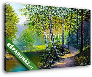 Színes nyári erdő, gyönyörű folyó (olajfestmény reprodukció) - vászonkép 3D látványterv