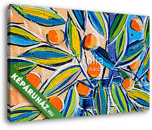 Details of acrylic paintings showing colour, textures and techniques. Expressionistic leaves and orange berries. - vászonkép 3D látványterv