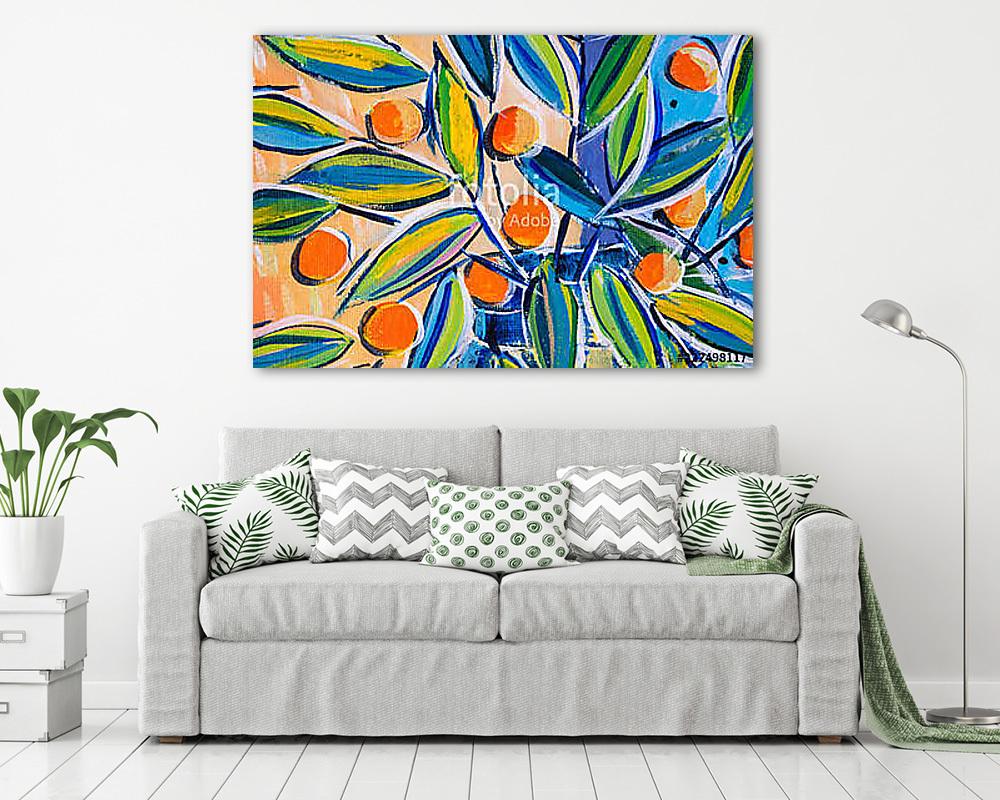 Details of acrylic paintings showing colour, textures and techniques. Expressionistic leaves and orange berries. (fotótapéta) - vászonkép, falikép otthonra és irodába