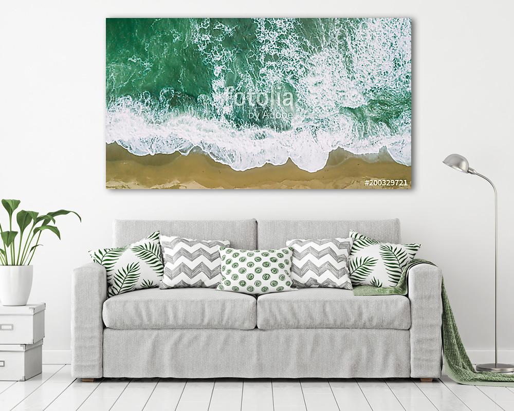Waves near beach. Yellow sand and green water (keretezett kép) - vászonkép, falikép otthonra és irodába