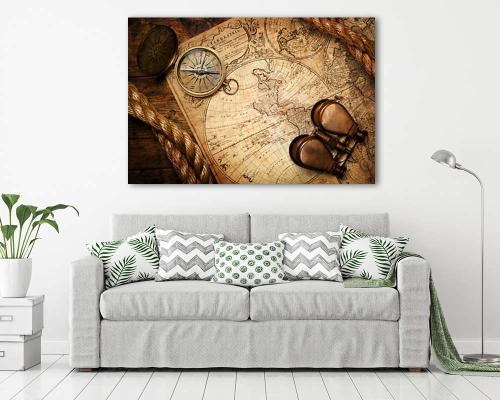 Iránytű és binokulár antik térképen (bögre) - vászonkép, falikép otthonra és irodába