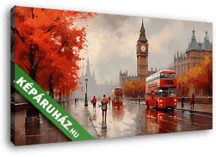Londoni utcakép Big bennel és emeletes busszal esőben 2. (festmény effekt) - vászonkép 3D látványterv