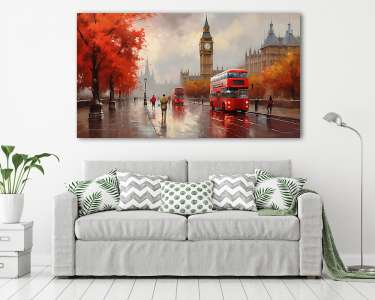 Londoni utcakép Big bennel és emeletes busszal esőben 2. (festmény effekt) (vászonkép) - vászonkép, falikép otthonra és irodába