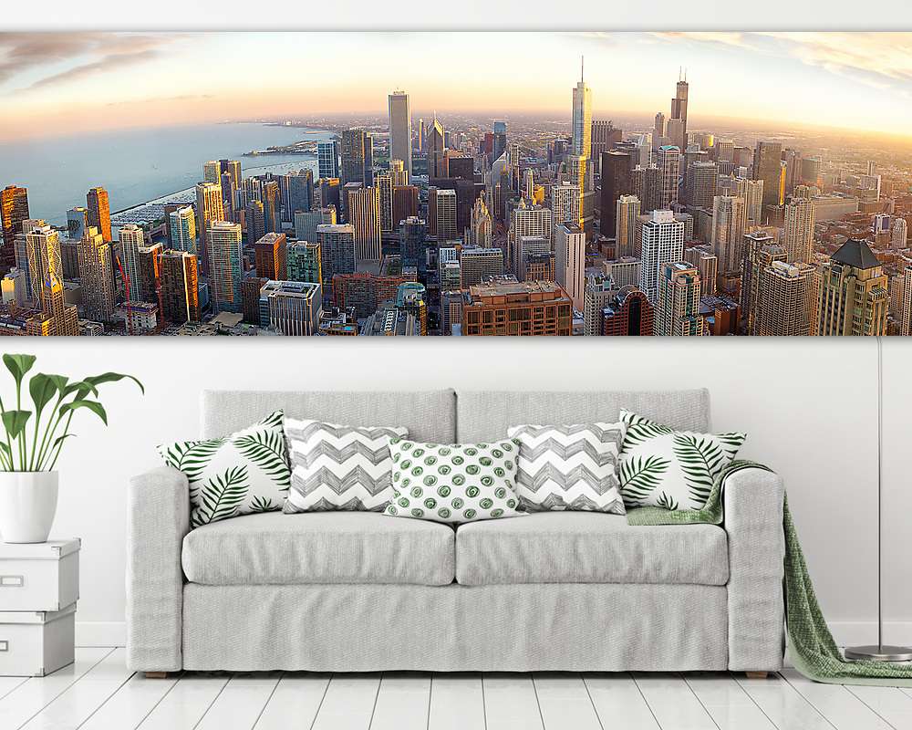 Aerial Chicago panorama at sunset, IL, USA (keretezett kép) - vászonkép, falikép otthonra és irodába