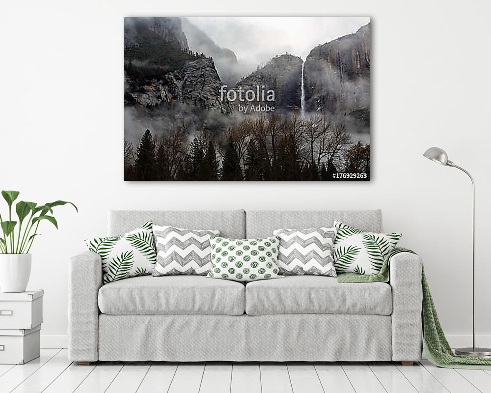 A fog rolls over Upper Yosemite Falls in Yosemite National Park, (bögre) - vászonkép, falikép otthonra és irodába
