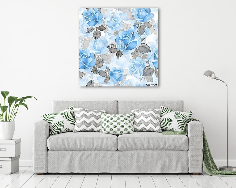 Floral seamless pattern. Watercolor background with blue roses 2 (keretezett kép) - vászonkép, falikép otthonra és irodába