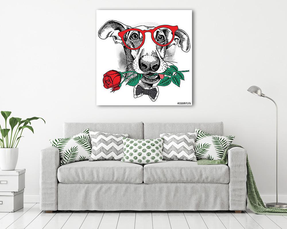 Portrait of a funny dog in glasses and tie with red rose. Vector (fotótapéta) - vászonkép, falikép otthonra és irodába