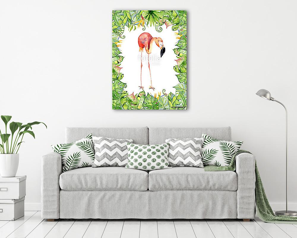 Pink flamingo watercolor hand drawn illustration in arrangement  (vászonkép) - vászonkép, falikép otthonra és irodába