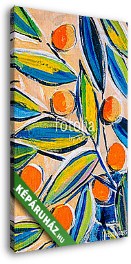 Details of acrylic paintings showing colour, textures and techniques. Expressionistic leaves and orange berries. - vászonkép 3D látványterv