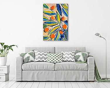 Details of acrylic paintings showing colour, textures and techniques. Expressionistic leaves and orange berries. (vászonkép) - vászonkép, falikép otthonra és irodába