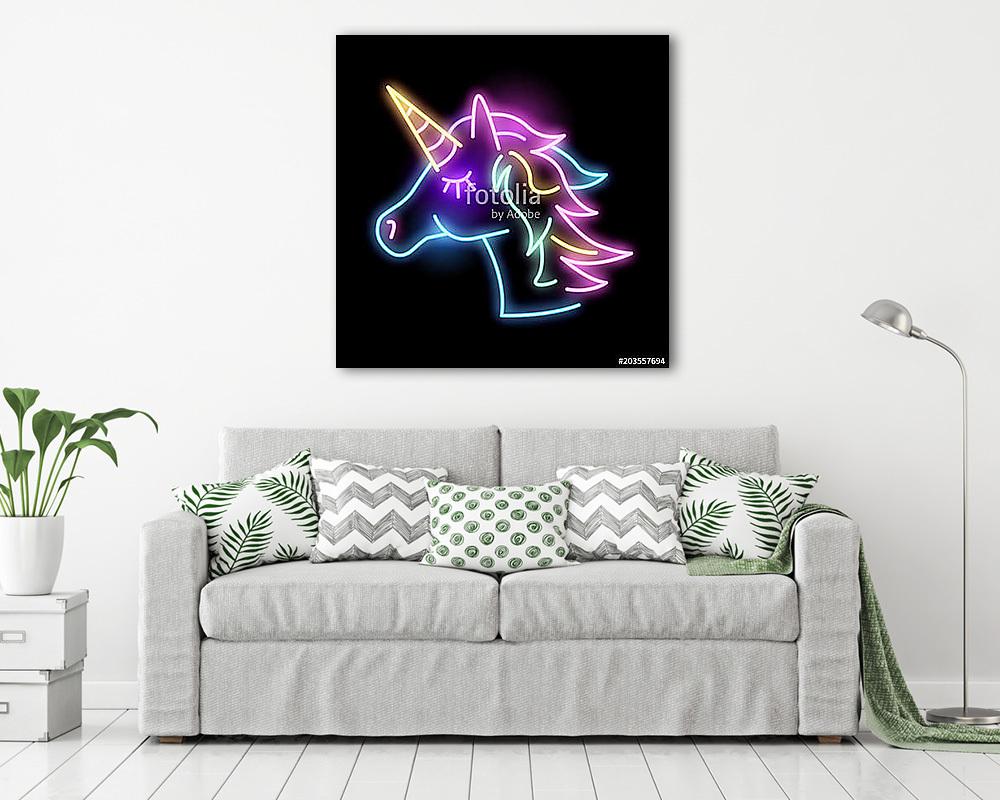 Neon-fény unikornis (keretezett kép) - vászonkép, falikép otthonra és irodába