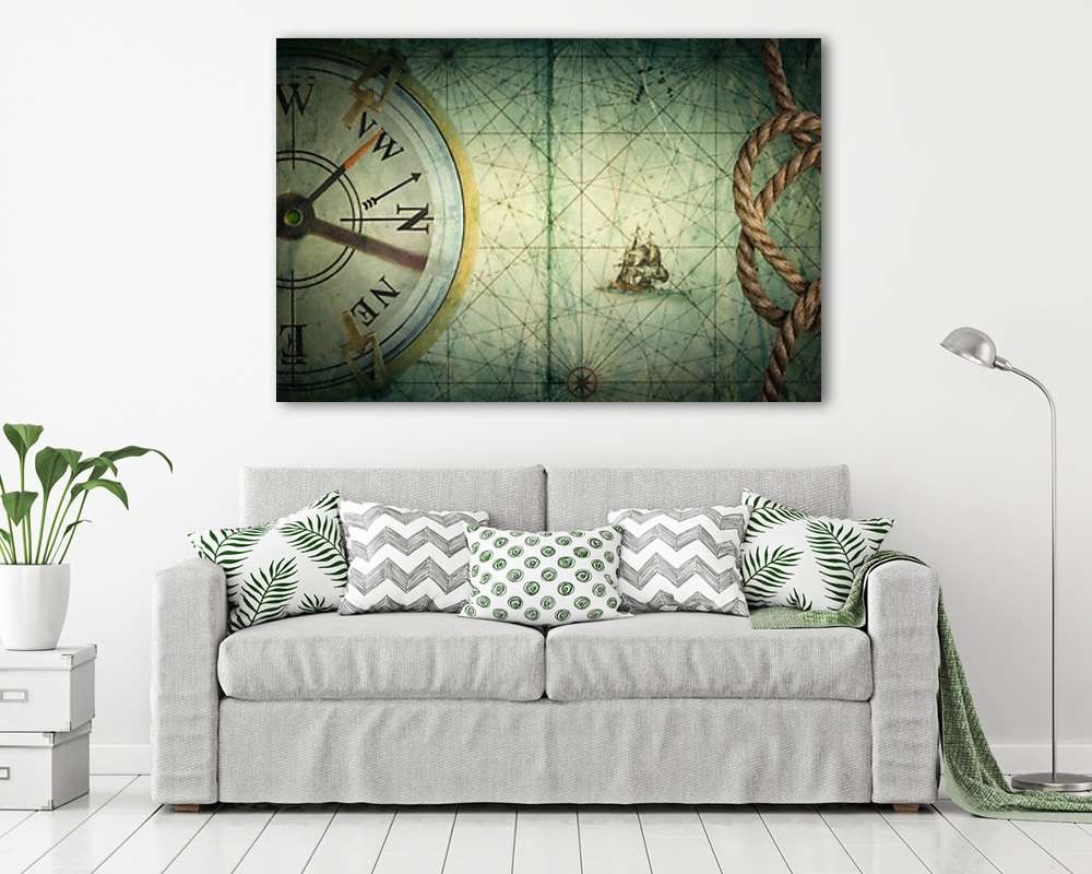 Zöldes antik térkép, iránytűvel és kötéllel - vászonkép, falikép vásárlás Zöldes antik térkép, iránytűvel és kötéllel (vászonkép) - vászonkép, falikép otthonra és irodába