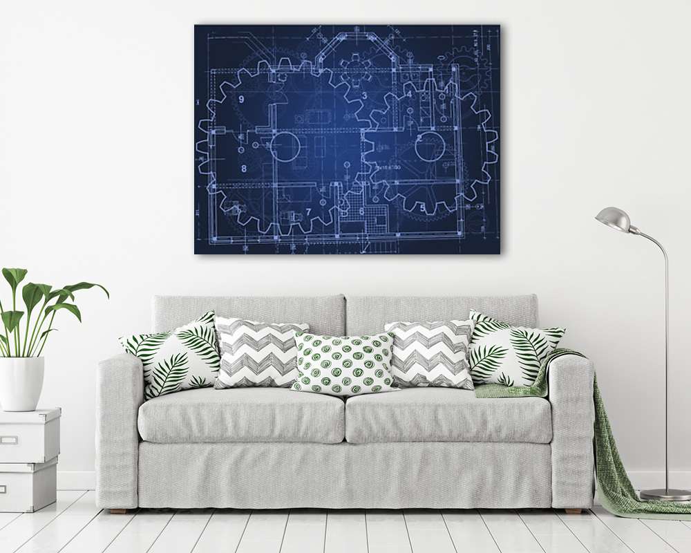 Fogaskerekek blueprint (keretezett kép) - vászonkép, falikép otthonra és irodába