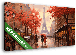 Párizsi utcakép az Eiffel-toronnyal esőben, esernyővel (festmény effekt) - vászonkép 3D látványterv