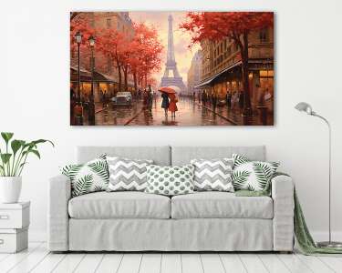 Párizsi utcakép az Eiffel-toronnyal esőben, esernyővel (festmény effekt) (vászonkép) - vászonkép, falikép otthonra és irodába