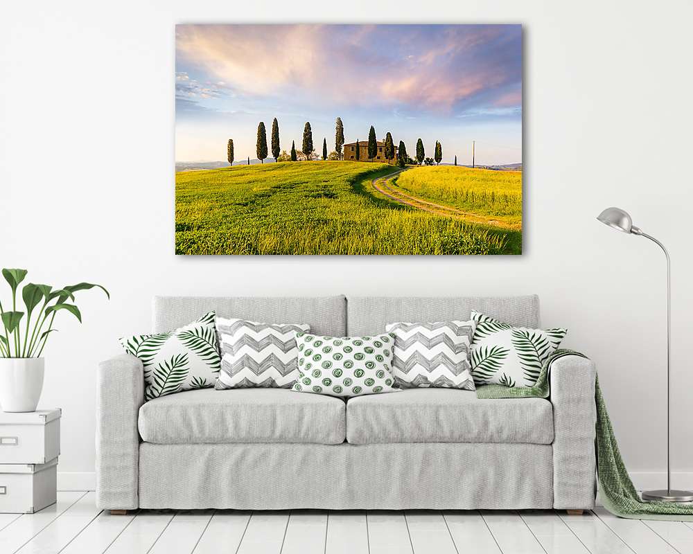 Toszkána, táj és parasztház a Val d'Orcia hegyei között (fotótapéta) - vászonkép, falikép otthonra és irodába