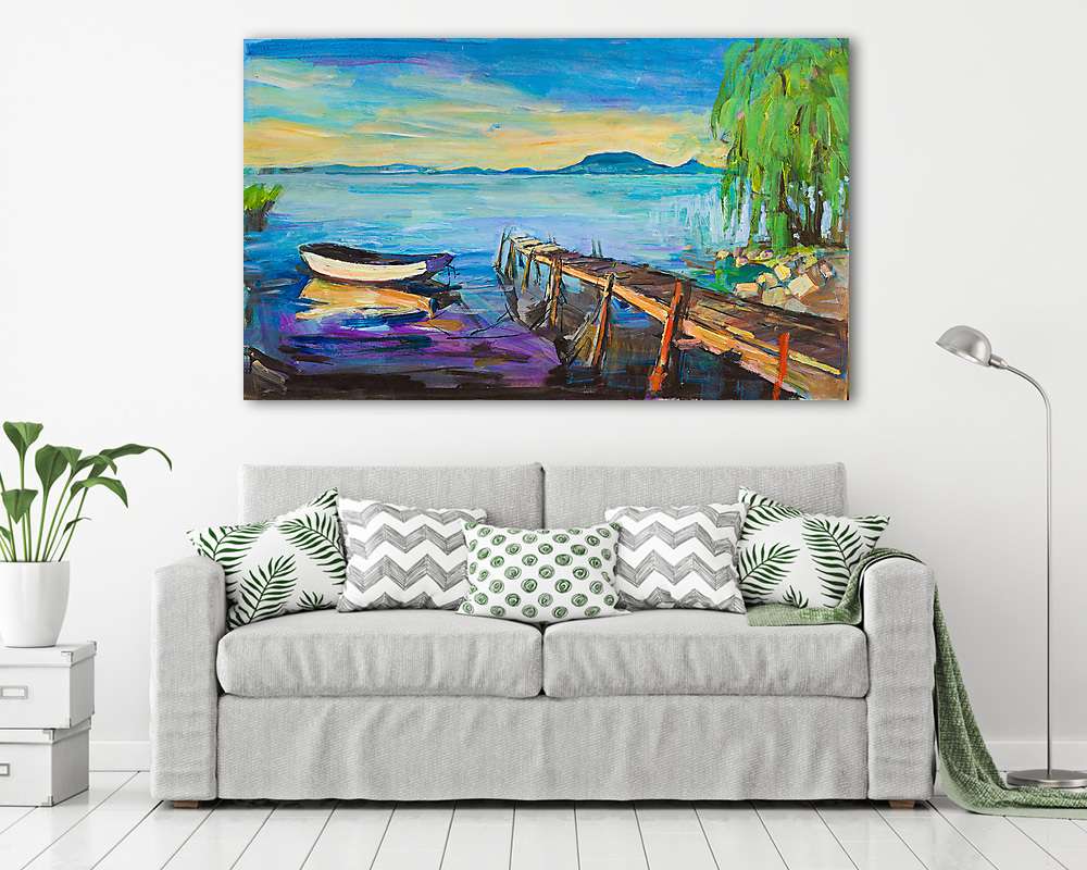 Nyári Balaton - Csónak a mólónál - vászonkép, falikép vásárlás Nyári Balaton - Csónak a mólónál (fotótapéta) - vászonkép, falikép otthonra és irodába