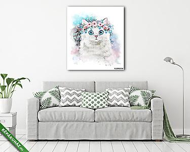 Aranyos macska illusztráció virágokkal (vászonkép) - vászonkép, falikép otthonra és irodába