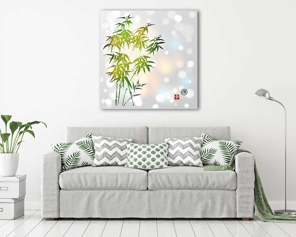 Zöld bambusz fehér háttéren. Hieroglfot tartalmaz - vászonkép, falikép vásárlás Zöld bambusz fehér háttéren. Hieroglfot tartalmaz (fotótapéta) - vászonkép, falikép otthonra és irodába