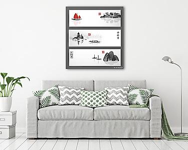 Bannerek halászhajókkal és szigetekkel fehér alapon. Trad (vászonkép) - vászonkép, falikép otthonra és irodába