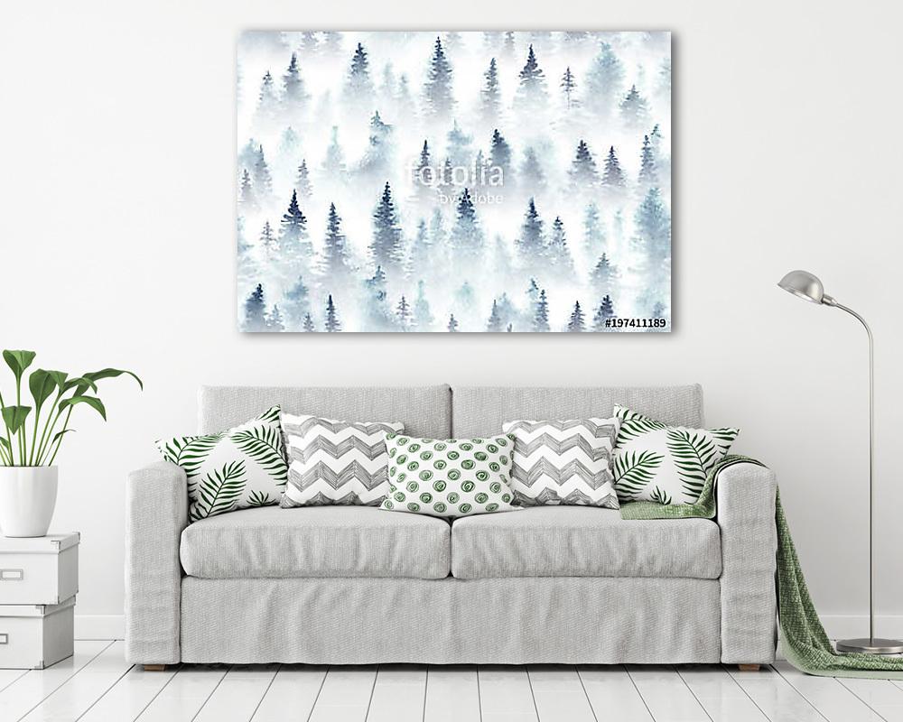 Seamless pattern of watercolor spruce forest in the fog. - vászonkép, falikép vásárlás Seamless pattern of watercolor spruce forest in the fog. (vászonkép) - vászonkép, falikép otthonra és irodába