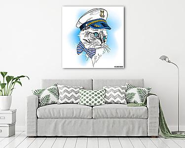 Portrait cat in a sailor's cap and tie on blue background. Vecto (vászonkép) - vászonkép, falikép otthonra és irodába