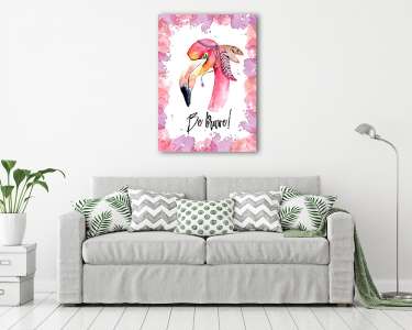Watercolor pink Flamingo with feathers and incription Be brave (vászonkép) - vászonkép, falikép otthonra és irodába