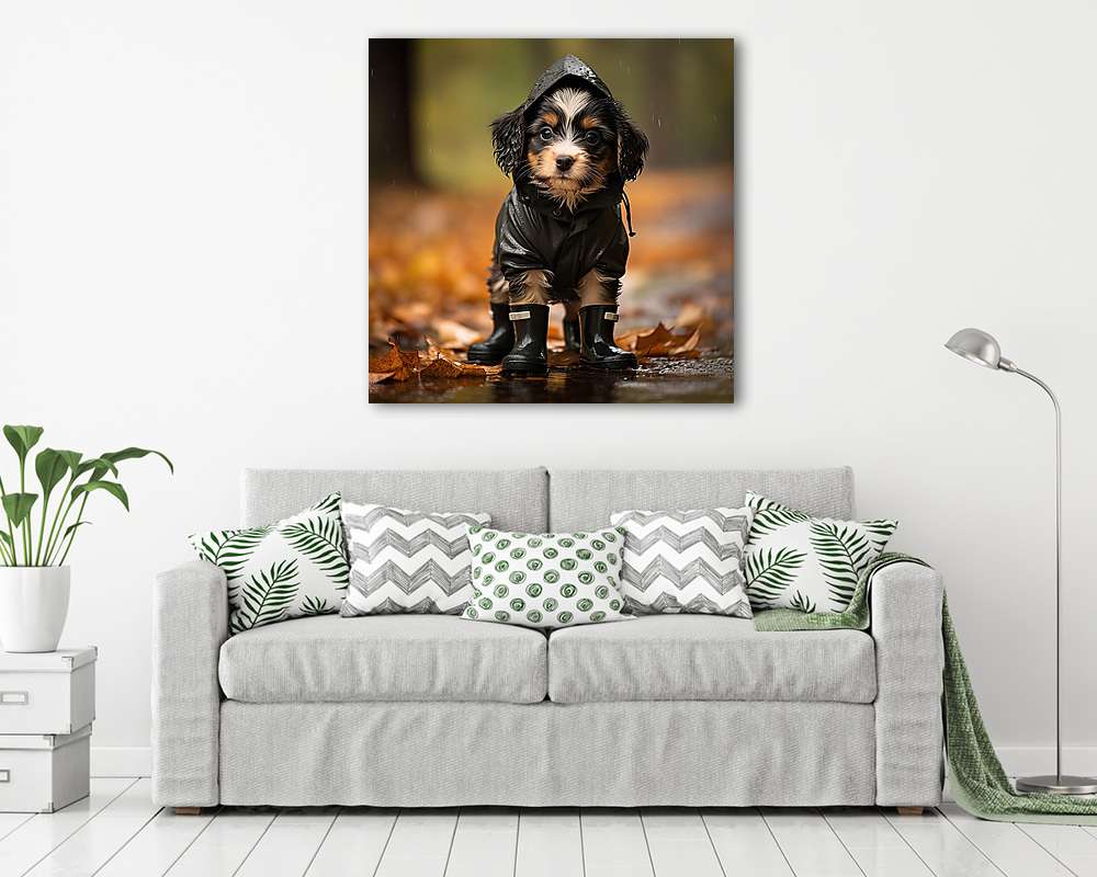 Kutyus esőkabátban az őszi erdőben - vászonkép, falikép vásárlás Kutyus esőkabátban az őszi erdőben (vászonkép) - vászonkép, falikép otthonra és irodába