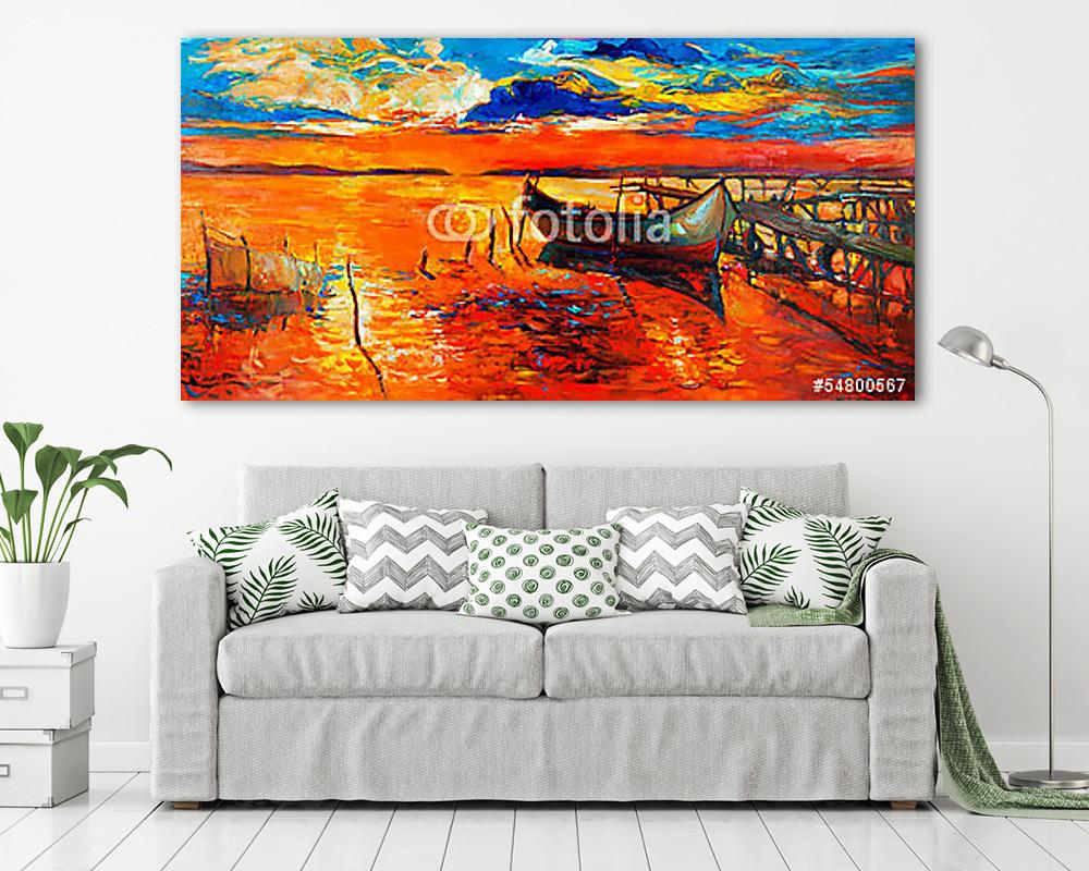 Naplemente hajóval (festmény reprodukció) (többrészes kép) - vászonkép, falikép otthonra és irodába