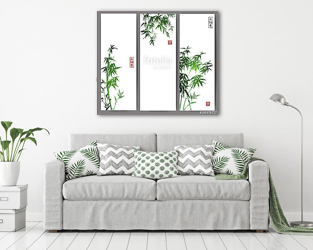 Három banner, zöld bambusz fákkal. Vektoros illusztráció. Trad - vászonkép, falikép vásárlás Három banner, zöld bambusz fákkal. Vektoros illusztráció. Trad (vászonkép) - vászonkép, falikép otthonra és irodába