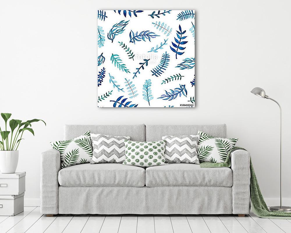 Herbal Seamless Pattern of Watercolor Blue Leaves (poszter) - vászonkép, falikép otthonra és irodába