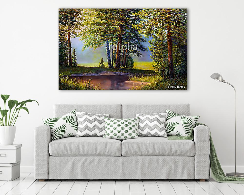 Landscape, mountain river.  Picture oil paints on a canvas. (keretezett kép) - vászonkép, falikép otthonra és irodába
