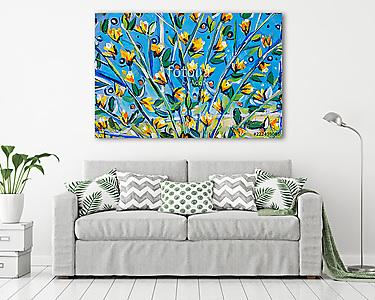 Details of acrylic paintings showing colour, textures and techniques. Expressionistic  tree branches with yellow spring blossom. (vászonkép) - vászonkép, falikép otthonra és irodába