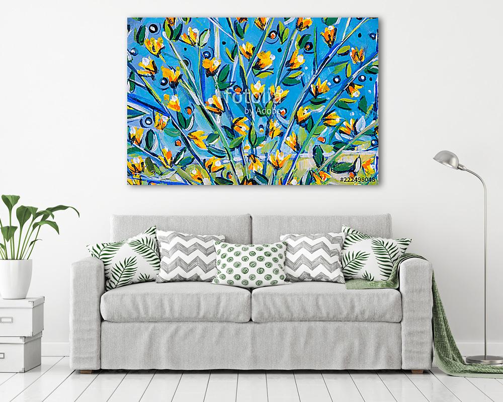 Details of acrylic paintings showing colour, textures and techniques. Expressionistic  tree branches with yellow spring blossom. (fotótapéta) - vászonkép, falikép otthonra és irodába