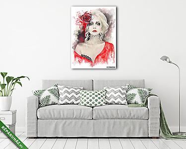 portré gyönyörű nő, szőke göndör haj, akvarell pai (vászonkép) - vászonkép, falikép otthonra és irodába
