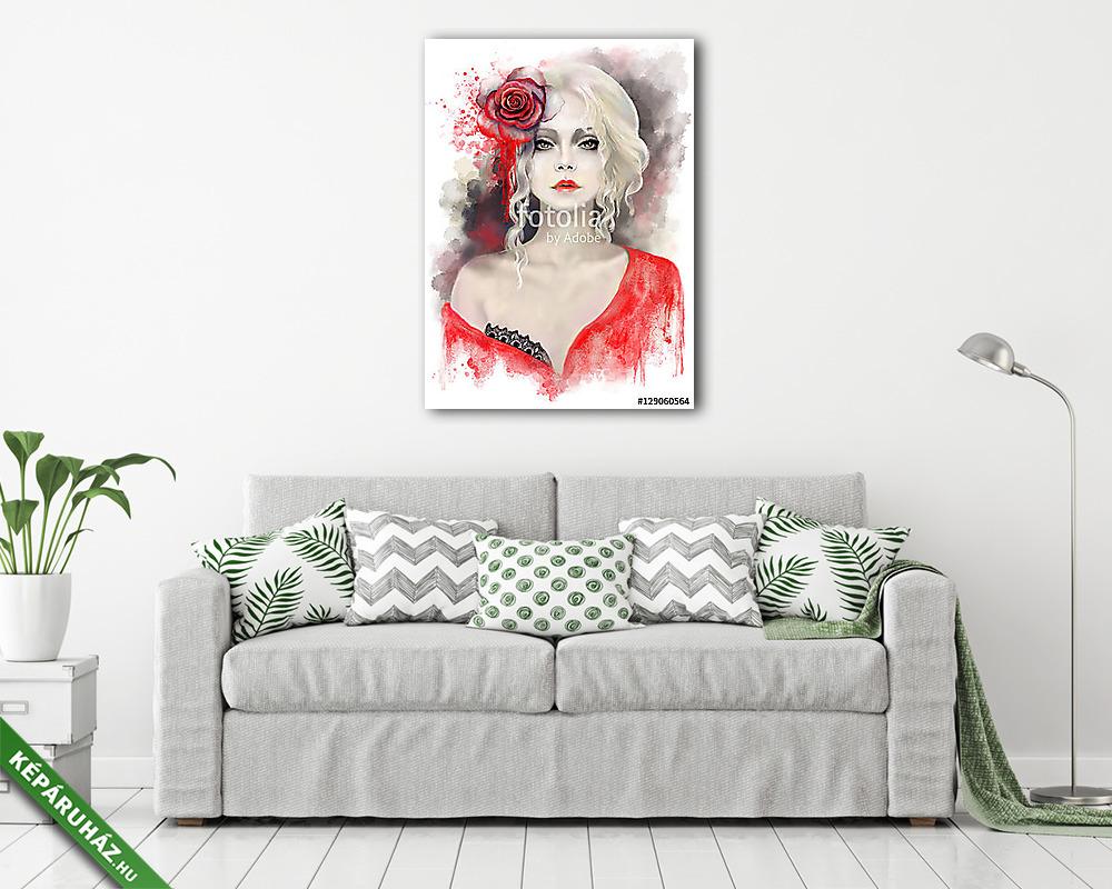 portré gyönyörű nő, szőke göndör haj, akvarell pai - vászonkép, falikép vásárlás portré gyönyörű nő, szőke göndör haj, akvarell pai (keretezett kép) - vászonkép, falikép otthonra és irodába