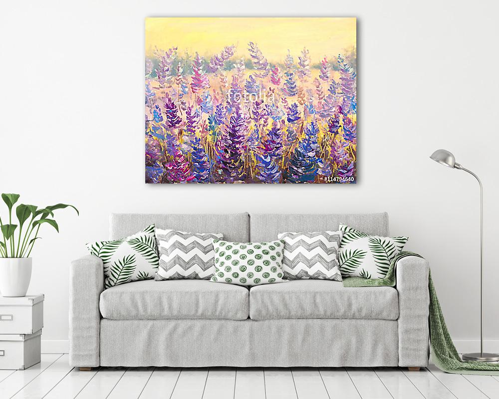 Finom virágok mezeje az erdő előtt. Levendula. Kék-p (vászonkép) - vászonkép, falikép otthonra és irodába