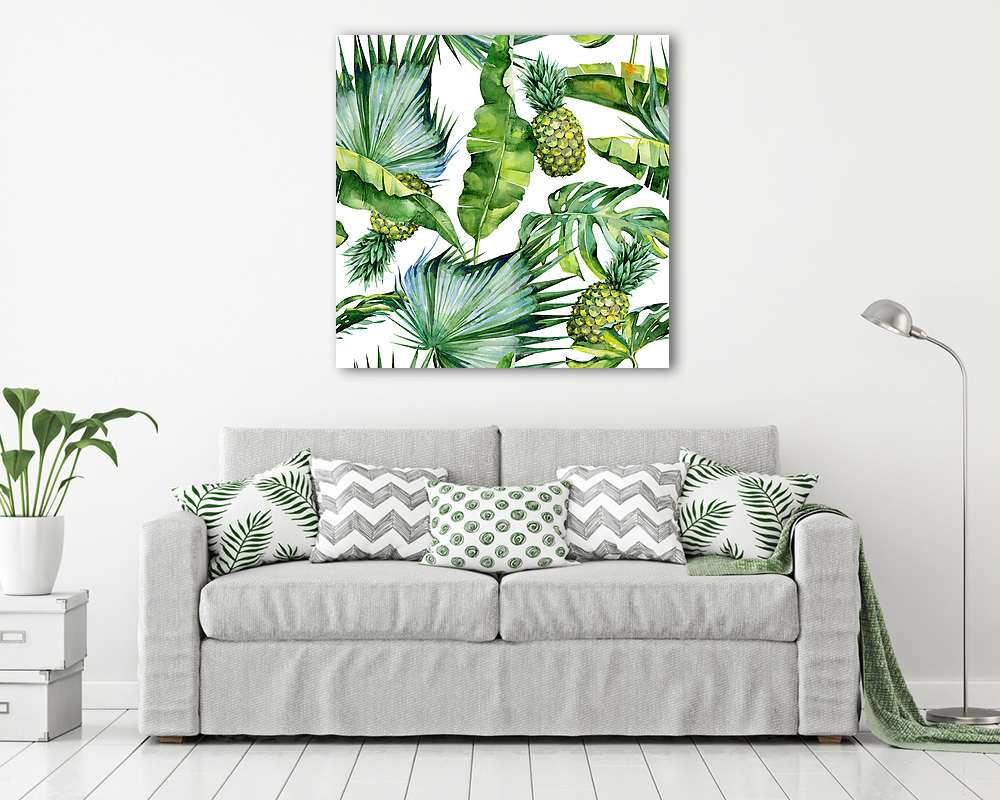 Trópusi levelek és ananászok - vászonkép, falikép vásárlás Trópusi levelek és ananászok (fotótapéta) - vászonkép, falikép otthonra és irodába
