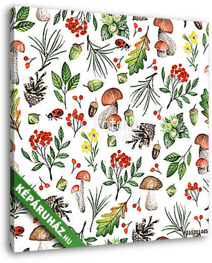 Seamless white pattern with mushrooms, nuts, leaves, acorns. Wat - vászonkép 3D látványterv