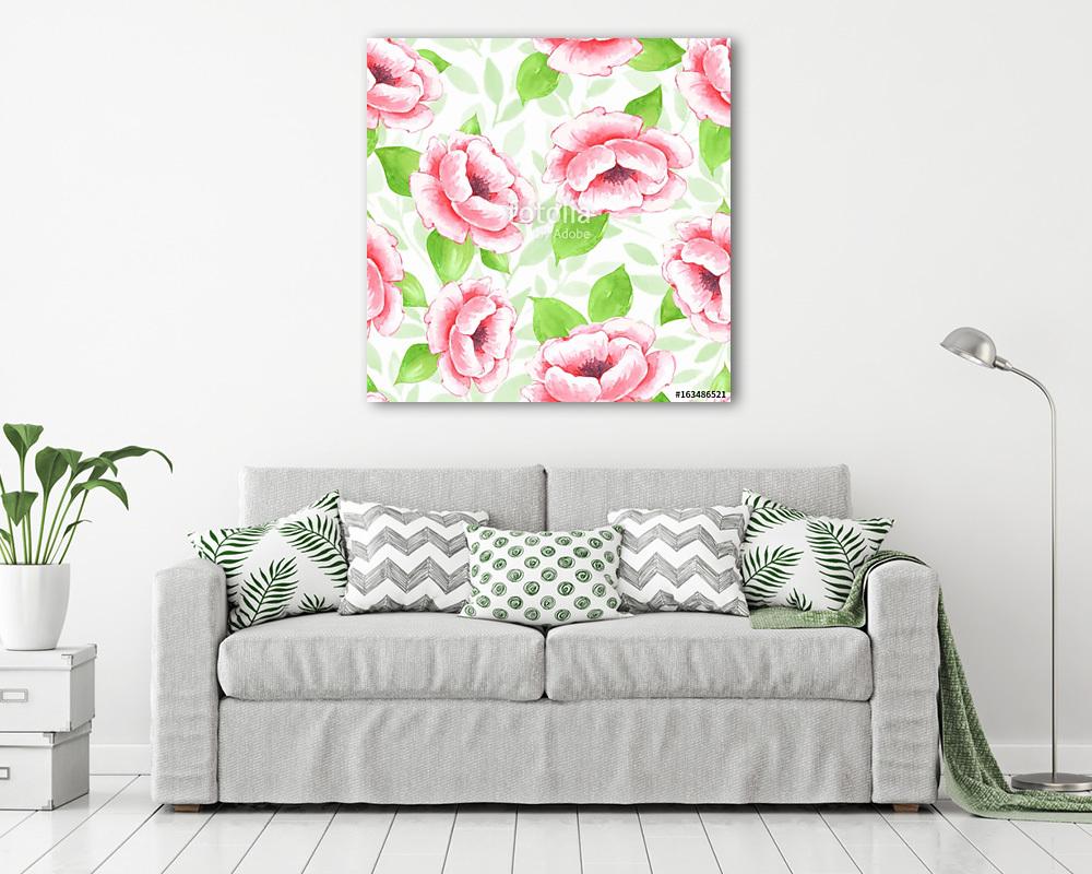 Floral seamless pattern. Watercolor background with pink flowers - vászonkép, falikép vásárlás Floral seamless pattern. Watercolor background with pink flowers (vászonkép) - vászonkép, falikép otthonra és irodába