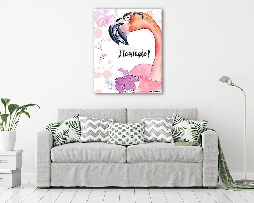 Watercolor pink Flamingo in glasses (többrészes kép) - vászonkép, falikép otthonra és irodába