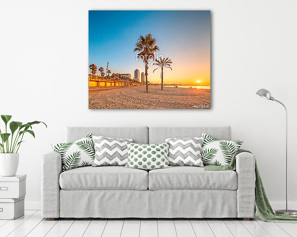Barceloneta Beach in Barcelona at sunrise (bögre) - vászonkép, falikép otthonra és irodába