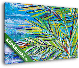 Details of acrylic paintings showing colour, textures and techniques.  Expressionistic palm tree foliage and blue sea background - vászonkép 3D látványterv