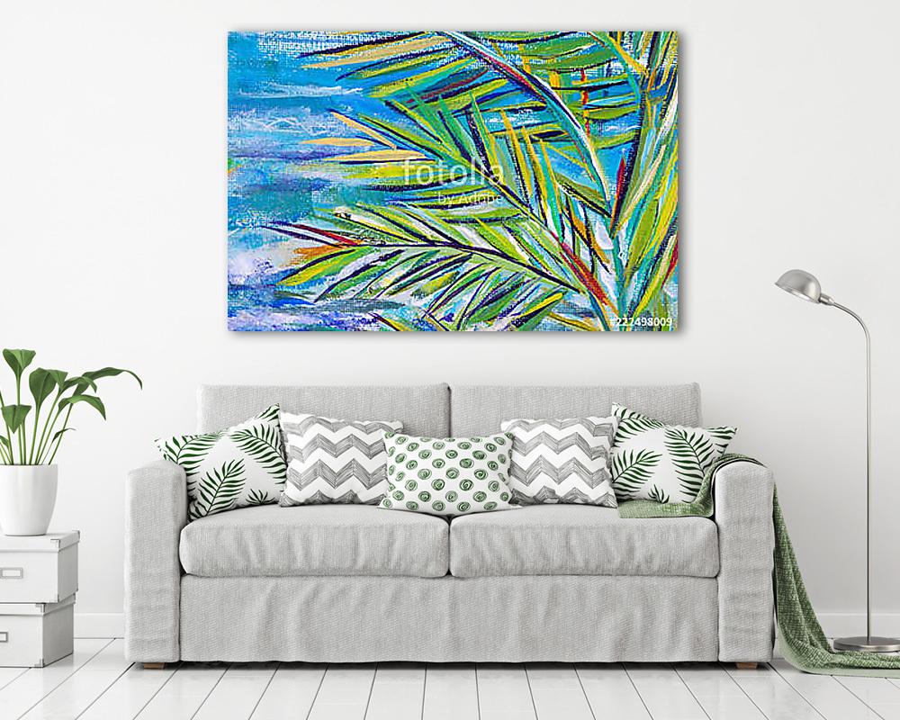 Details of acrylic paintings showing colour, textures and techniques.  Expressionistic palm tree foliage and blue sea background (vászonkép) - vászonkép, falikép otthonra és irodába