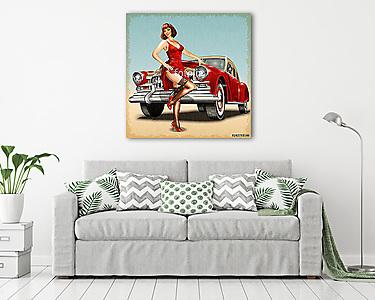 Pin-up girl and retro car isolated on vintage background	 (vászonkép) - vászonkép, falikép otthonra és irodába